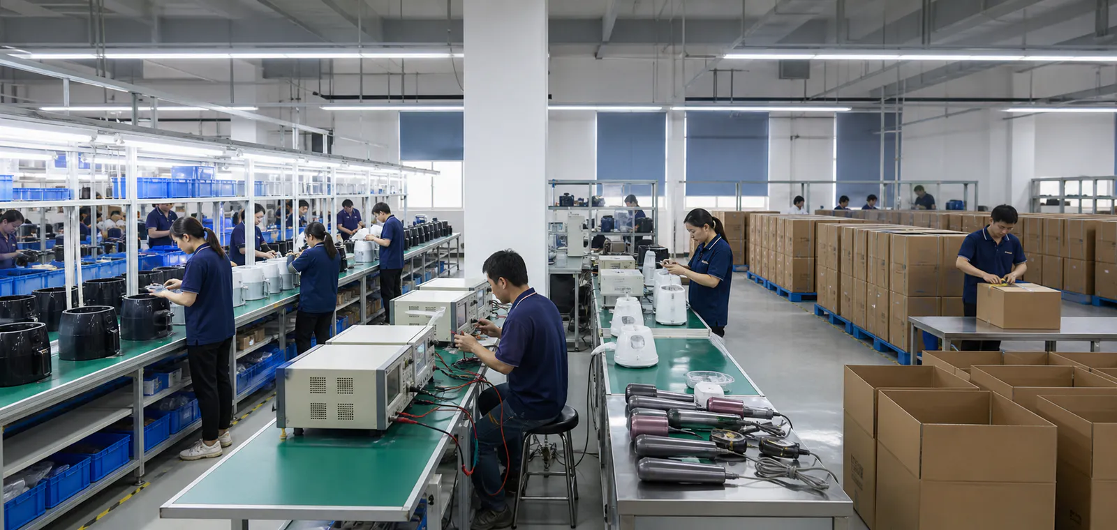 Small home appliance production, function testing and export packing workflow